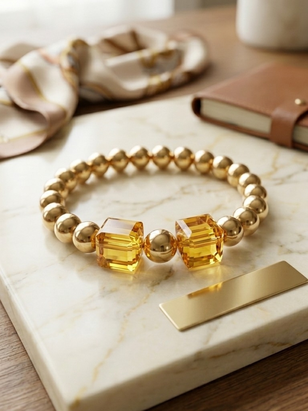 Gold Beaded Bracelet with Amber Crystal Accents